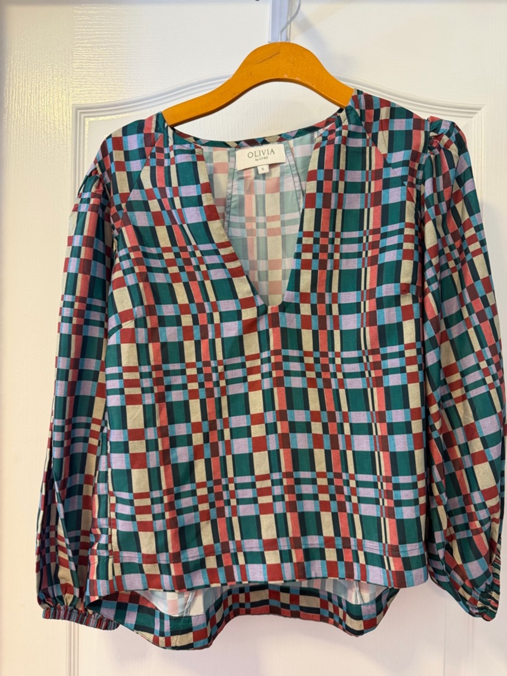 Olivia by Livro Plaid V-Neck Long Sleeve Blouse in Teal & Maroon